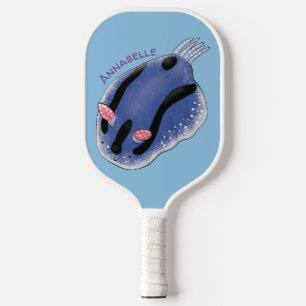 Cute happy blue nudibranch cartoon illustration pickleball paddle