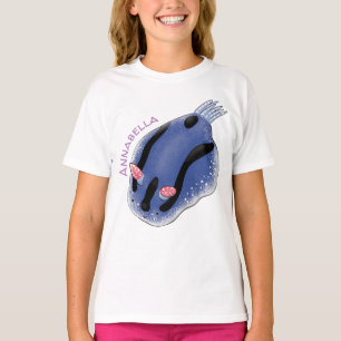 Cute happy blue nudibranch cartoon illustration T-Shirt