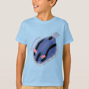 Cute happy blue nudibranch cartoon illustration T-Shirt