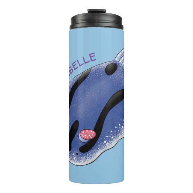 Cute happy blue nudibranch cartoon illustration thermal tumbler (Front)