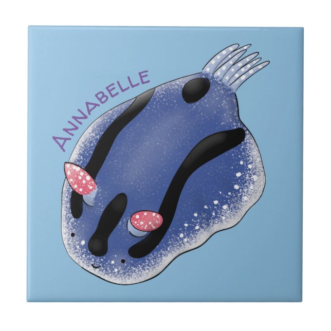 Cute happy blue nudibranch cartoon illustration tile (Front)