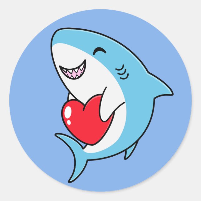 Cute Happy Blue Shark Holding a Red Heart Classic Round Sticker (Front)