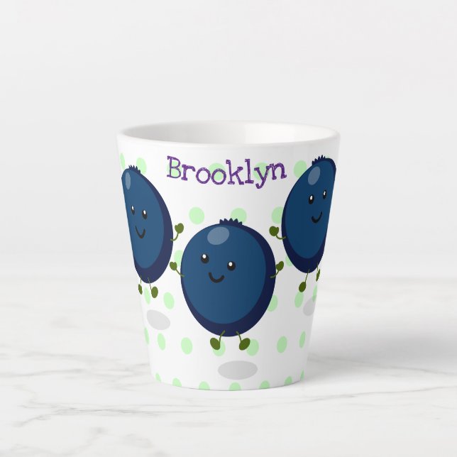 Cute happy blueberries purple cartoon illustration latte mug (Front)