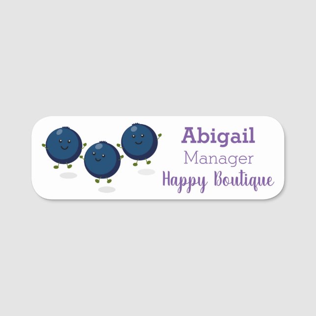 Cute happy blueberries purple cartoon illustration name tag (Front)