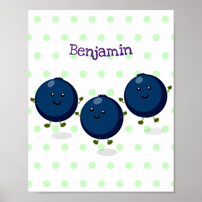 Cute happy blueberries purple cartoon illustration poster (Front)