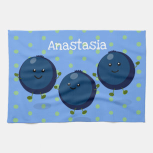 Cute happy blueberries purple cartoon illustration tea towel