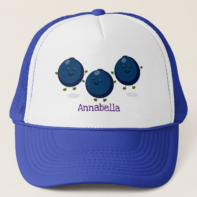 Cute happy blueberries purple cartoon illustration trucker hat (Front)