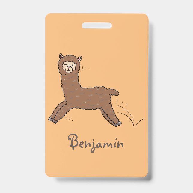 Cute happy brown alpaca cartoon ID badge (Front)