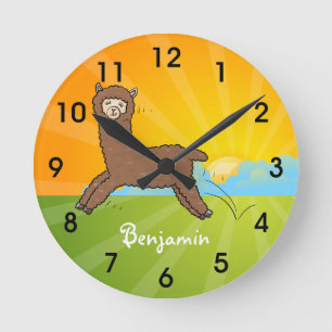 Cute happy brown alpaca cartoon round clock