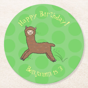 Cute happy brown alpaca cartoon round paper coaster
