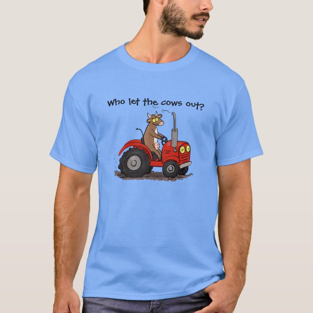 Cute happy brown cow driving tractor cartoon T-Shirt (Front)