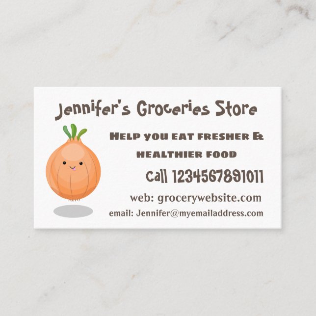 Cute happy brown onion green cartoon illustration business card (Front)