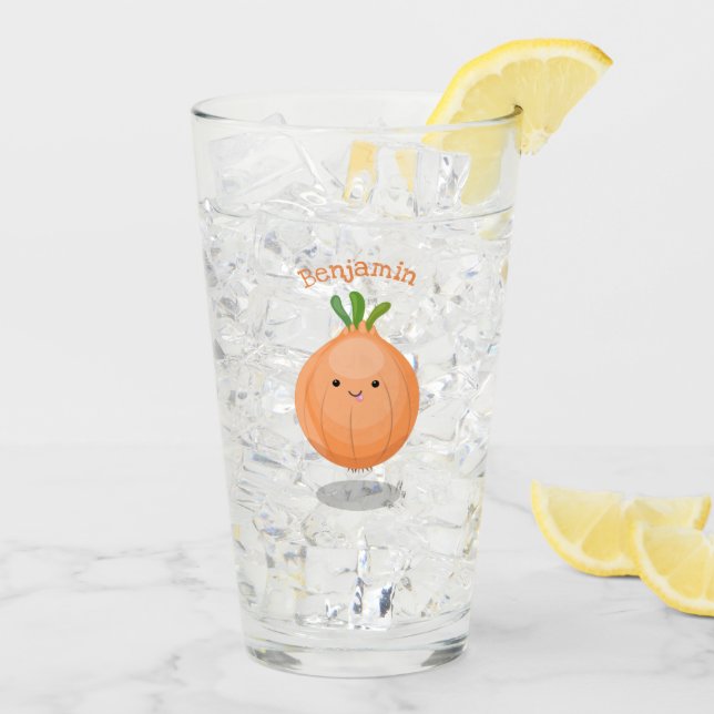 Cute happy brown onion green cartoon illustration glass (Back Ice)