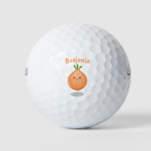 Cute happy brown onion green cartoon illustration golf balls