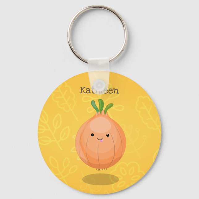 Cute happy brown onion green cartoon illustration key ring (Front)