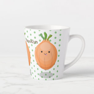 Cute happy brown onion green cartoon illustration latte mug