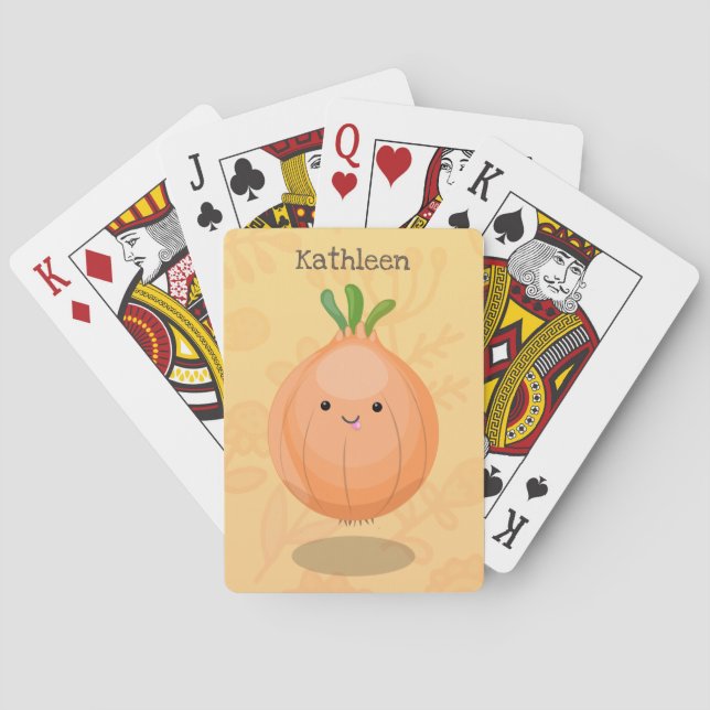 Cute happy brown onion green cartoon illustration playing cards (Back)