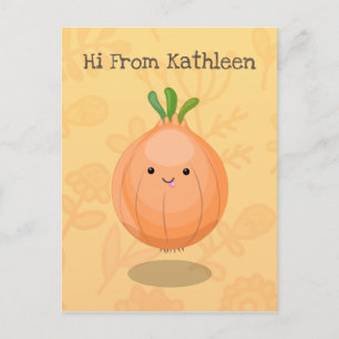 Cute happy brown onion green cartoon illustration postcard