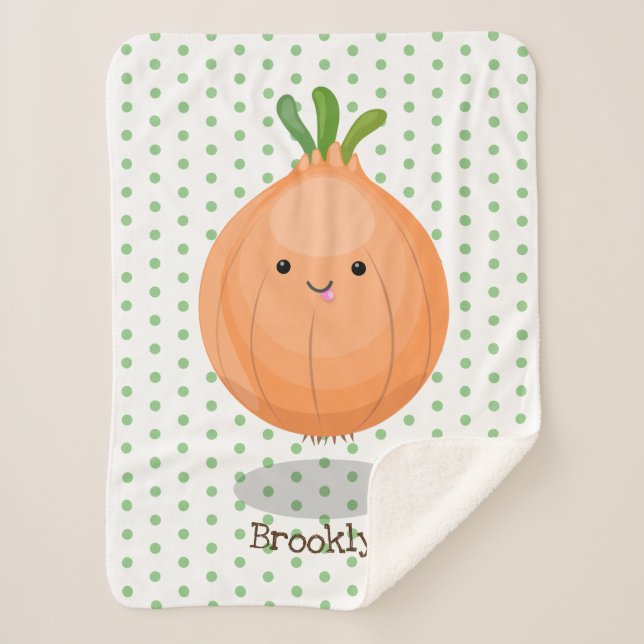 Cute happy brown onion green cartoon illustration sherpa blanket (Front)