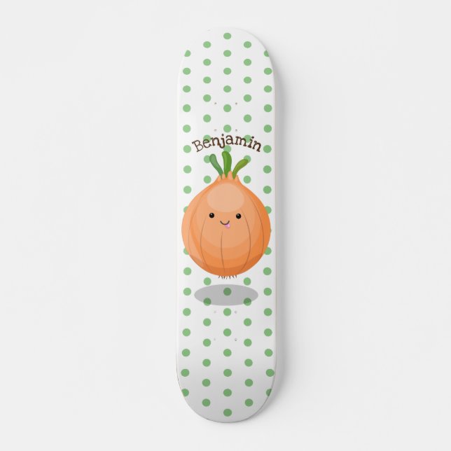 Cute happy brown onion green cartoon illustration skateboard (Front)