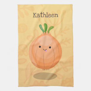 Cute happy brown onion green cartoon illustration tea towel