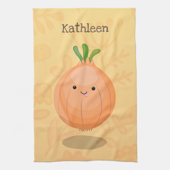 Cute happy brown onion green cartoon illustration tea towel (Vertical)