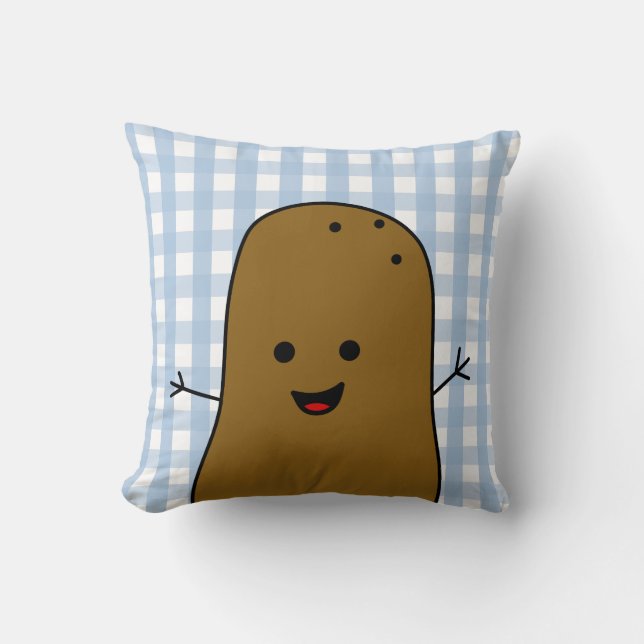Cute Happy Brown Potato Blue Gingham Cushion (Front)