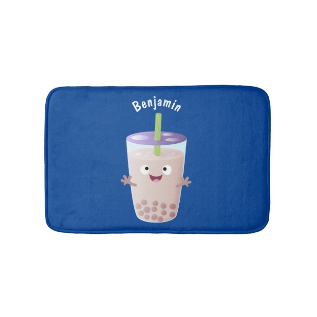 Cute happy bubble tea boba cartoon character bath mat (Front)