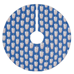 Cute happy bubble tea boba cartoon character brushed polyester tree skirt