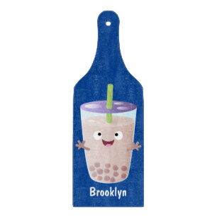 Cute happy bubble tea boba cartoon character cutting board