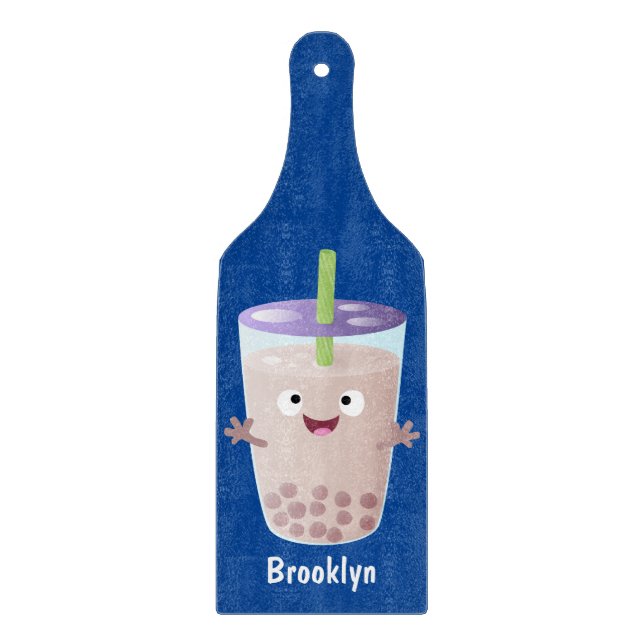 Cute happy bubble tea boba cartoon character cutting board (Front)