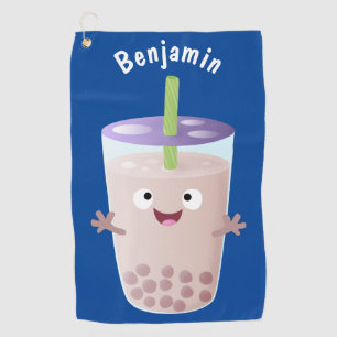 Cute happy bubble tea boba cartoon character golf towel