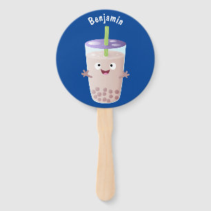 Cute happy bubble tea boba cartoon character  hand fan