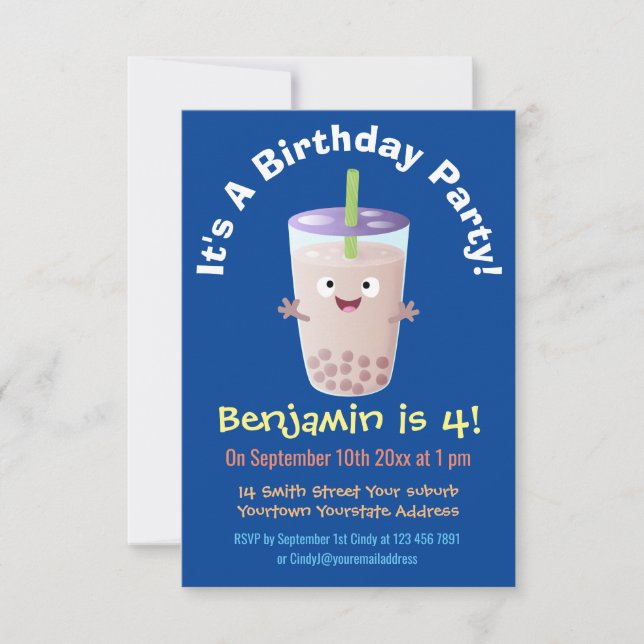 Cute happy bubble tea boba cartoon character  invitation (Front)
