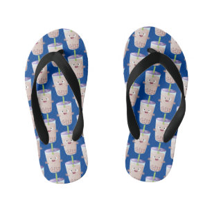 Cute happy bubble tea boba cartoon character kid's jandals
