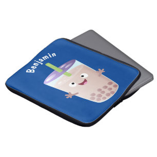 Cute happy bubble tea boba cartoon character laptop sleeve