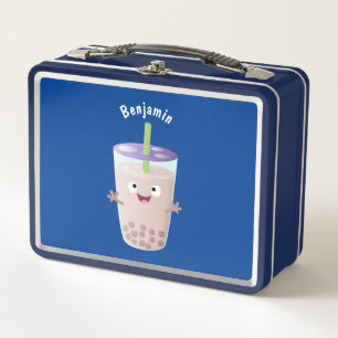 Cute happy bubble tea boba cartoon character metal lunch box