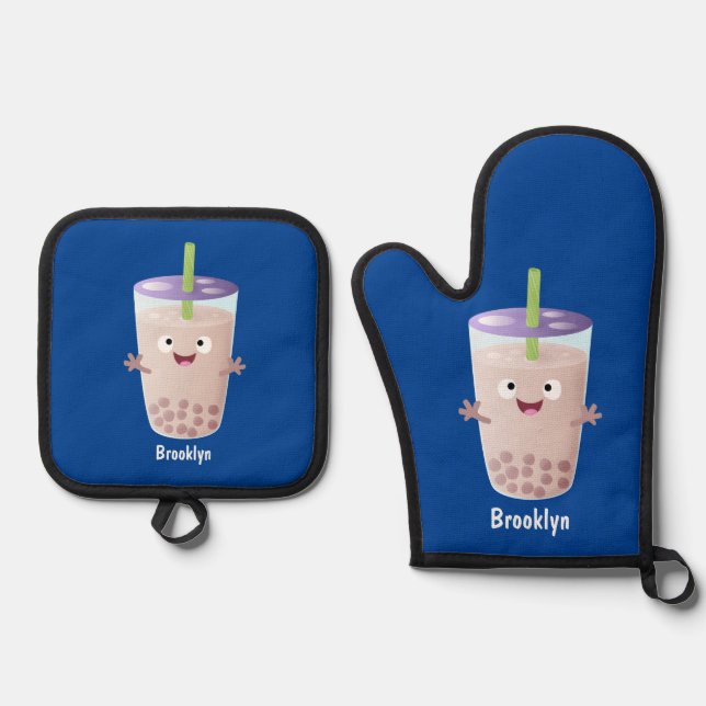 Cute happy bubble tea boba cartoon character oven mitt & pot holder set (Front)