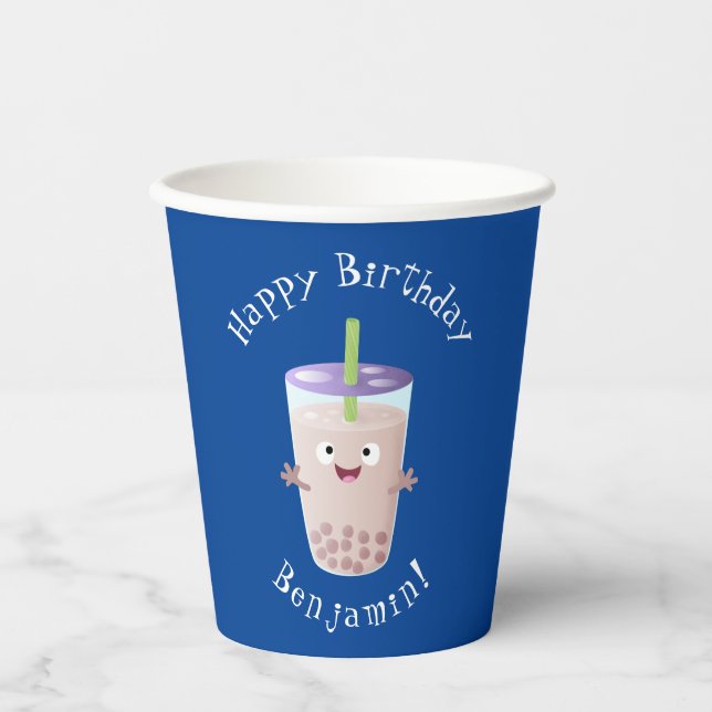 Cute happy bubble tea boba cartoon character paper cups (Front)