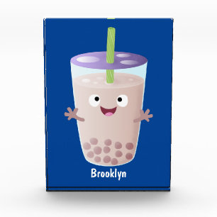 Cute happy bubble tea boba cartoon character photo block