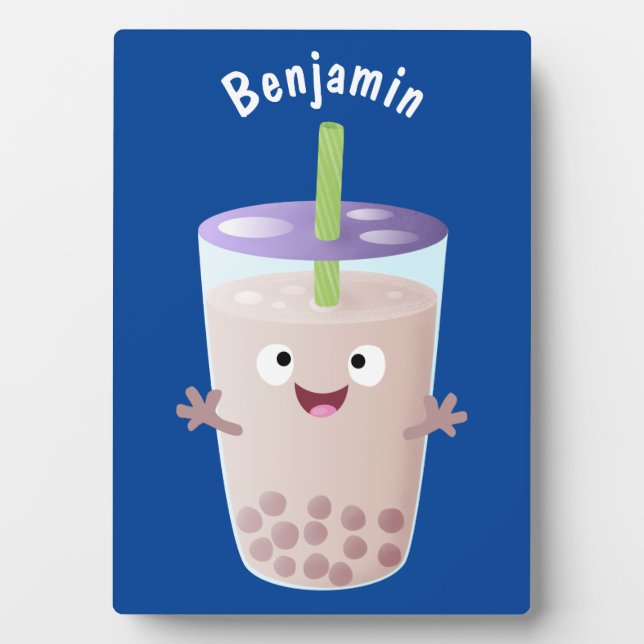 Cute happy bubble tea boba cartoon character plaque (Front)