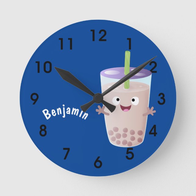 Cute happy bubble tea boba cartoon character round clock (Front)