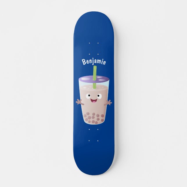 Cute happy bubble tea boba cartoon character skateboard (Front)