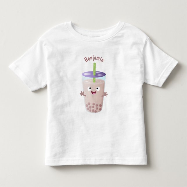 Cute happy bubble tea boba cartoon character toddler T-Shirt (Front)