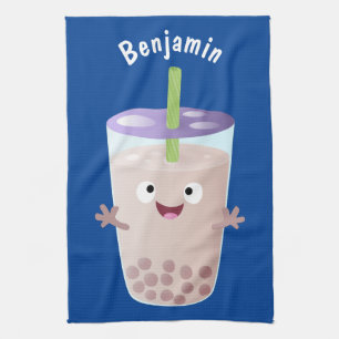 Cute happy bubble tea boba cartoon character towel
