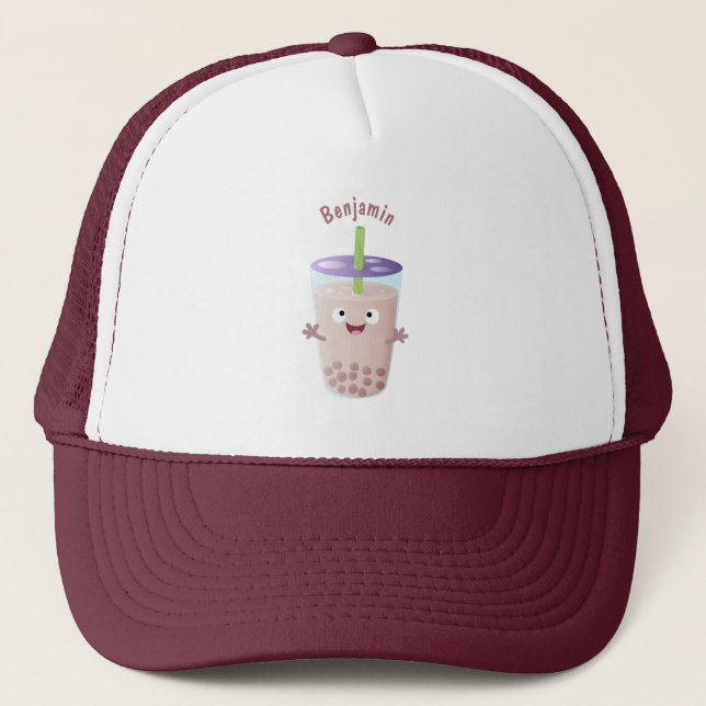 Cute happy bubble tea boba cartoon character trucker hat (Front)
