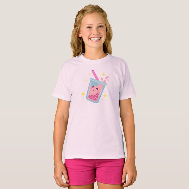 Cute Happy Bubble Tea Design  T-Shirt (Front Full)