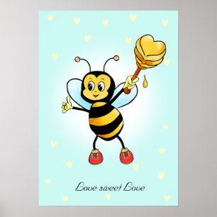 Cute Happy Bumble Bee & Honeycomb with Hearts Post Poster