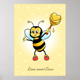 Cute Happy Bumble Bee & Honeycomb with Hearts Poster