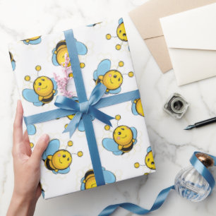 Cute happy bumble bee pattern white wrapping paper